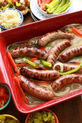 cooked Beer Brats in a dish