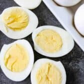 overhead view of hard boiled eggs cut in half