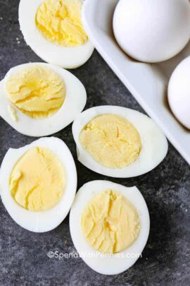 overhead view of hard boiled eggs cut in half