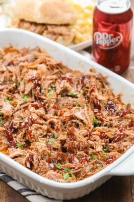 Crockpot Pulled Pork with Dr Pepper in a casserole dish