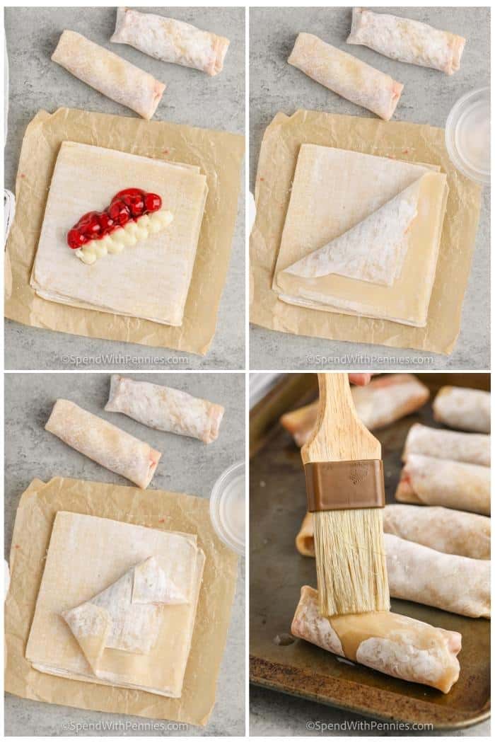 process of folding Cherry Cheesecake Egg Rolls