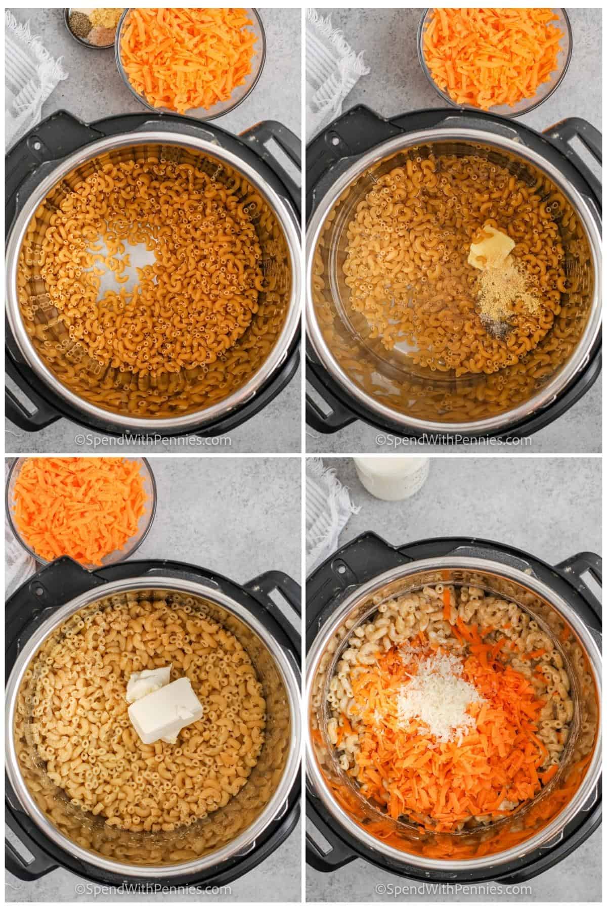 process of adding ingredients together to make Instant Pot Mac and Cheese