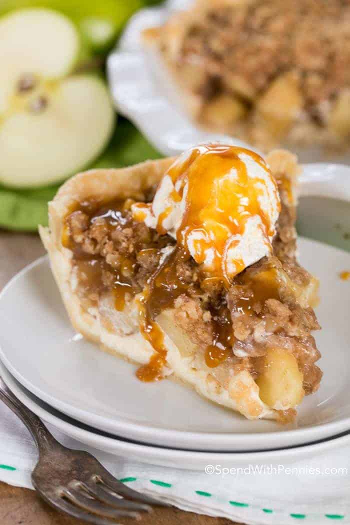 Apple Crumb Cheesecake Pie with caramel drizzle
