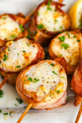 close up of Bacon Wrapped Scallops on a plate