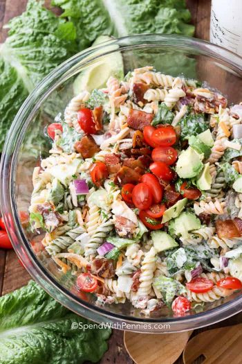 BLT Pasta Salad in clear glass bowl
