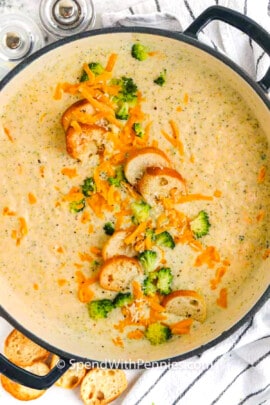 a pot of broccoli cheddar soup