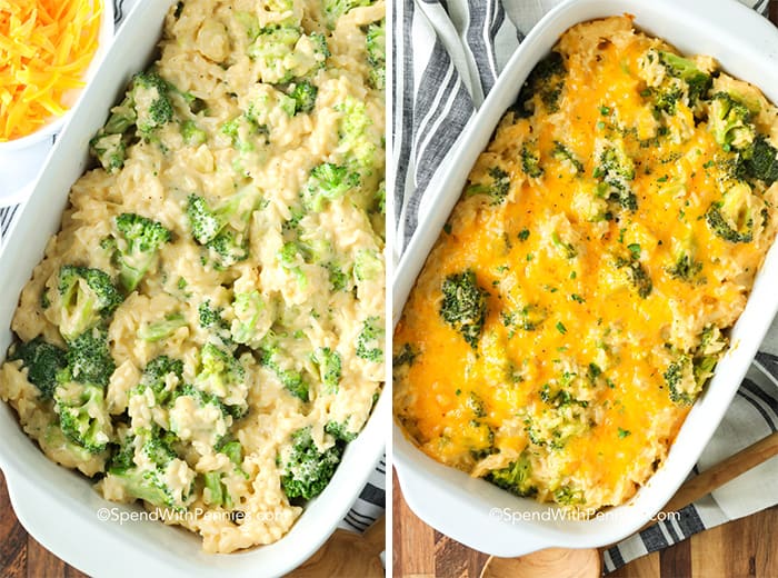 Two images showing the broccoli rice casserole before and after being baked. 