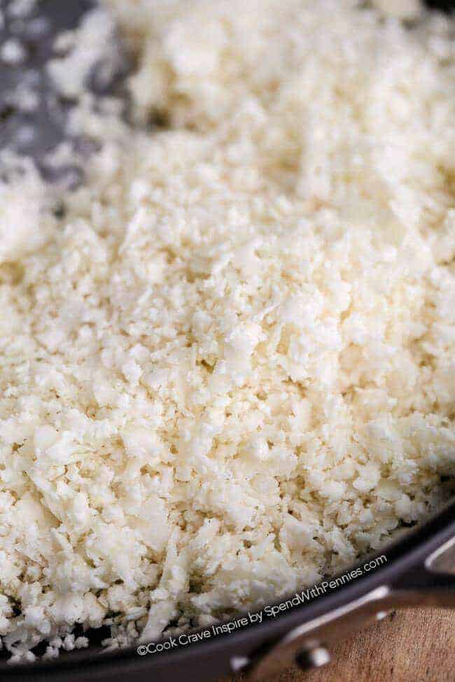 Cauliflower Rice in a pan shown up close