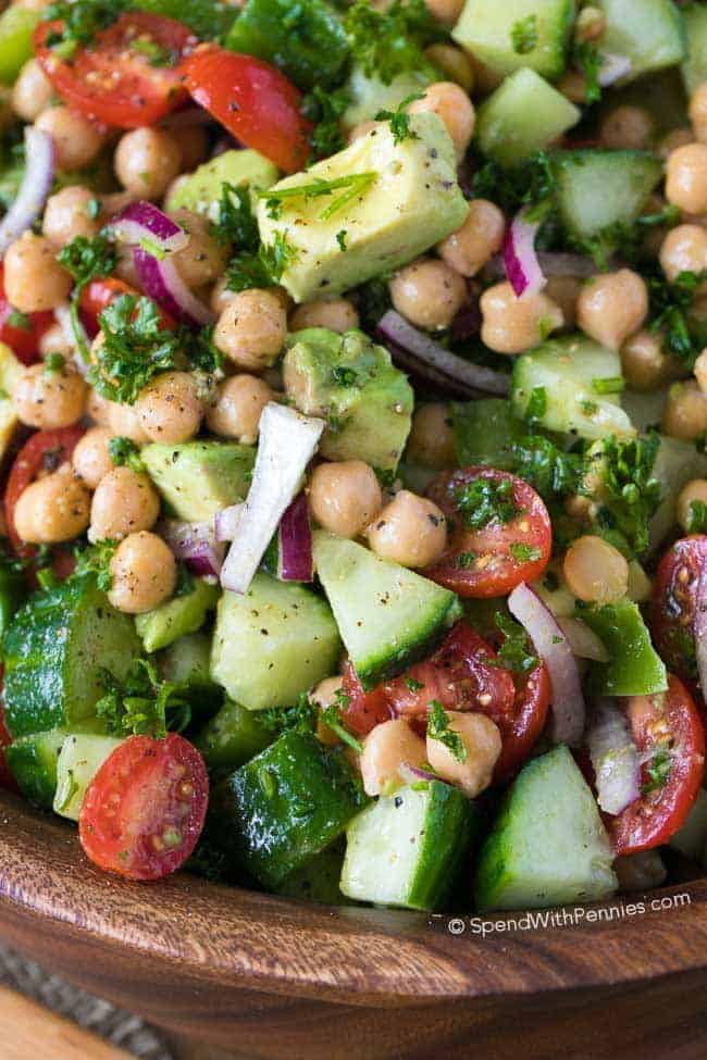 Chickpea Salad in a wooden bowl