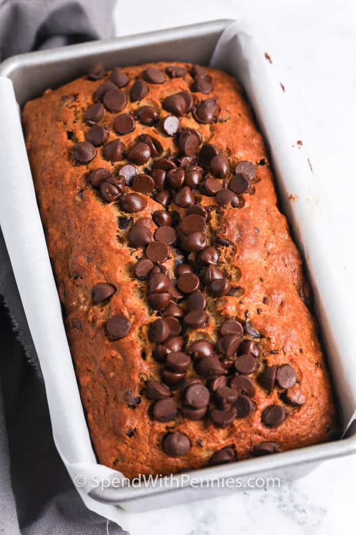 Chocolate Chip Banana Bread in the pan after baking
