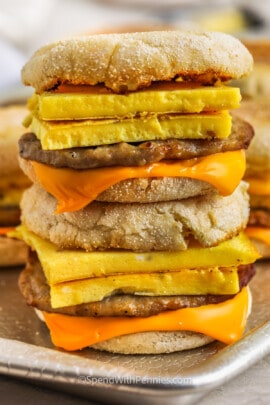 sheet pan with stack of Classic Breakfast Sandwiches