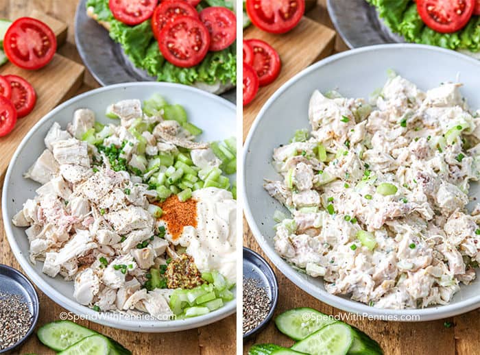 Classic Chicken Salad ingredients in a bowl, before and after mixing together