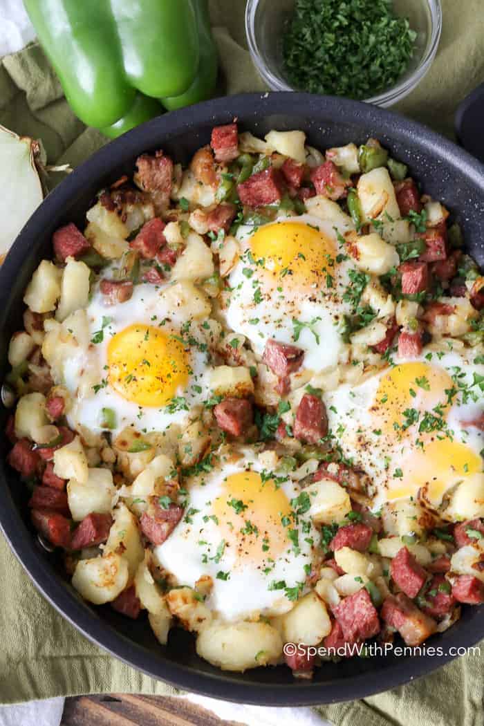 Corned Beef Hash in a frying pan with parsley