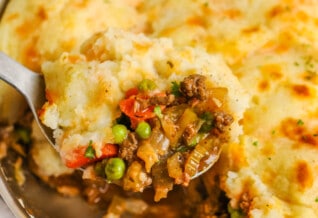 close up of Cottage Pie with a spoon full