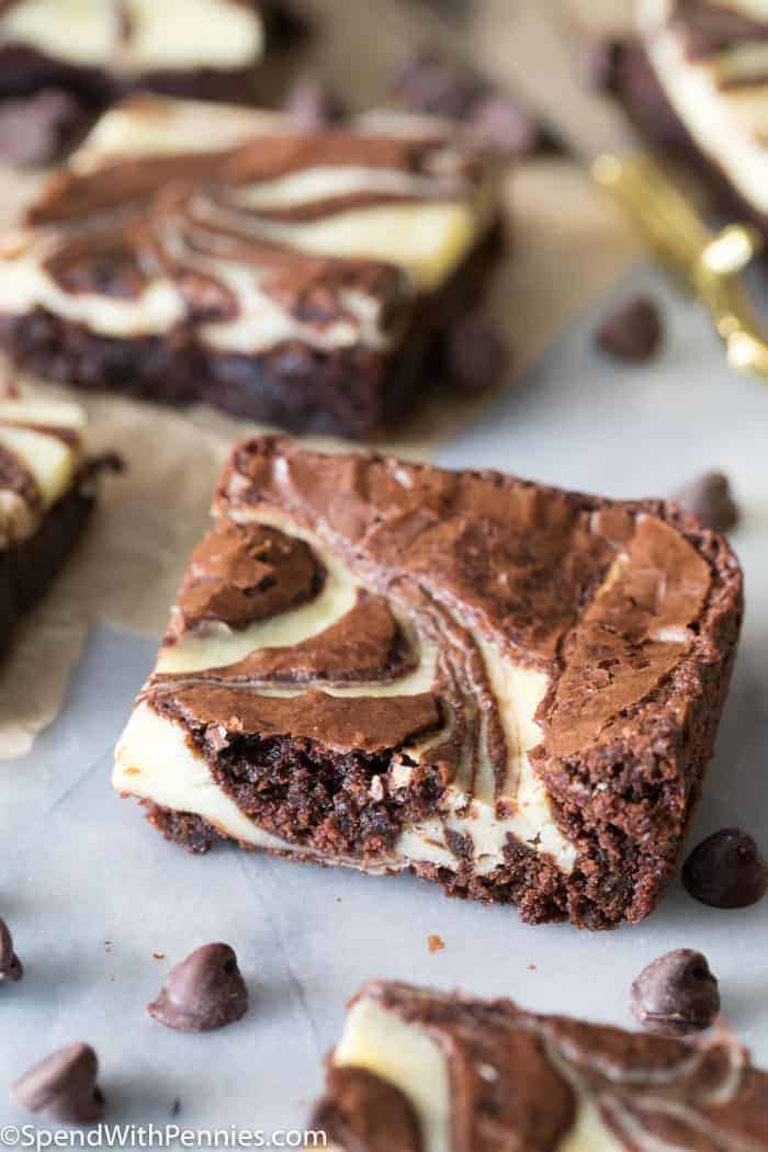 Cream cheese brownie square with chocolate chips