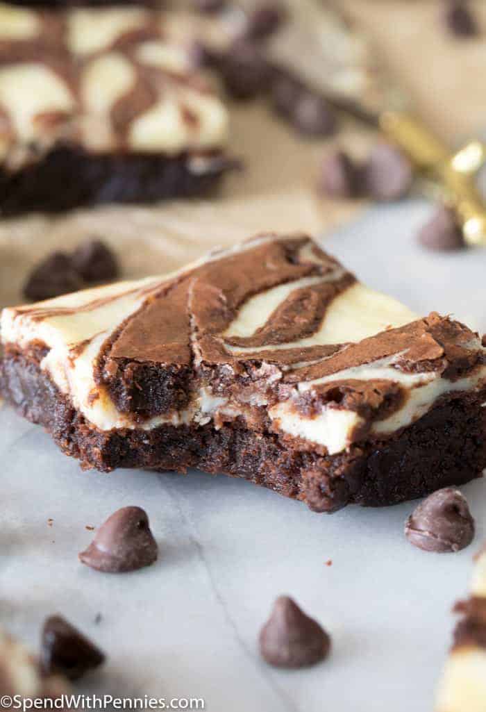 Cream cheese brownies with a bite taken out