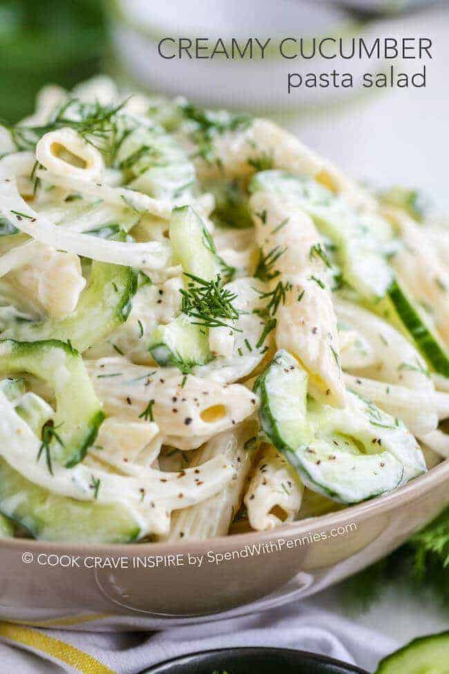 Bowl of Creamy Cucumber Pasta Salad with text