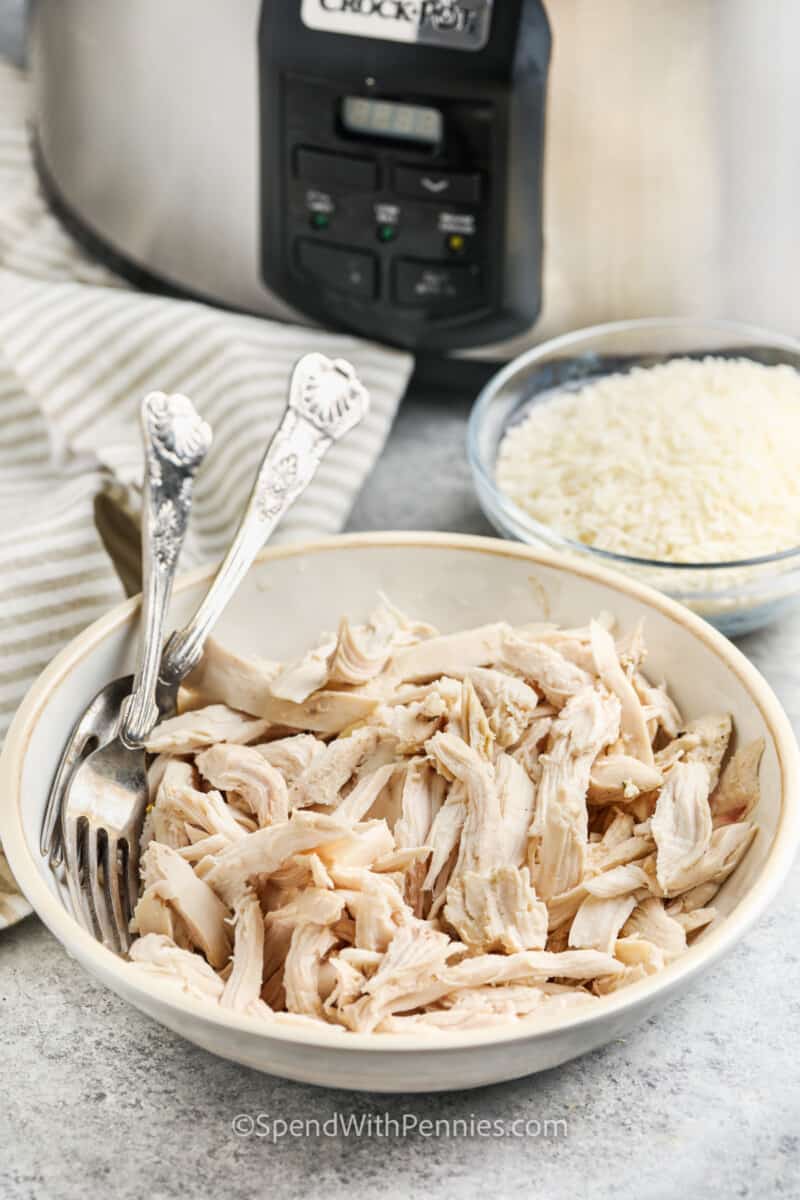 shredded chicken in a bowl to make Crockpot Chicken and Rice Soup
