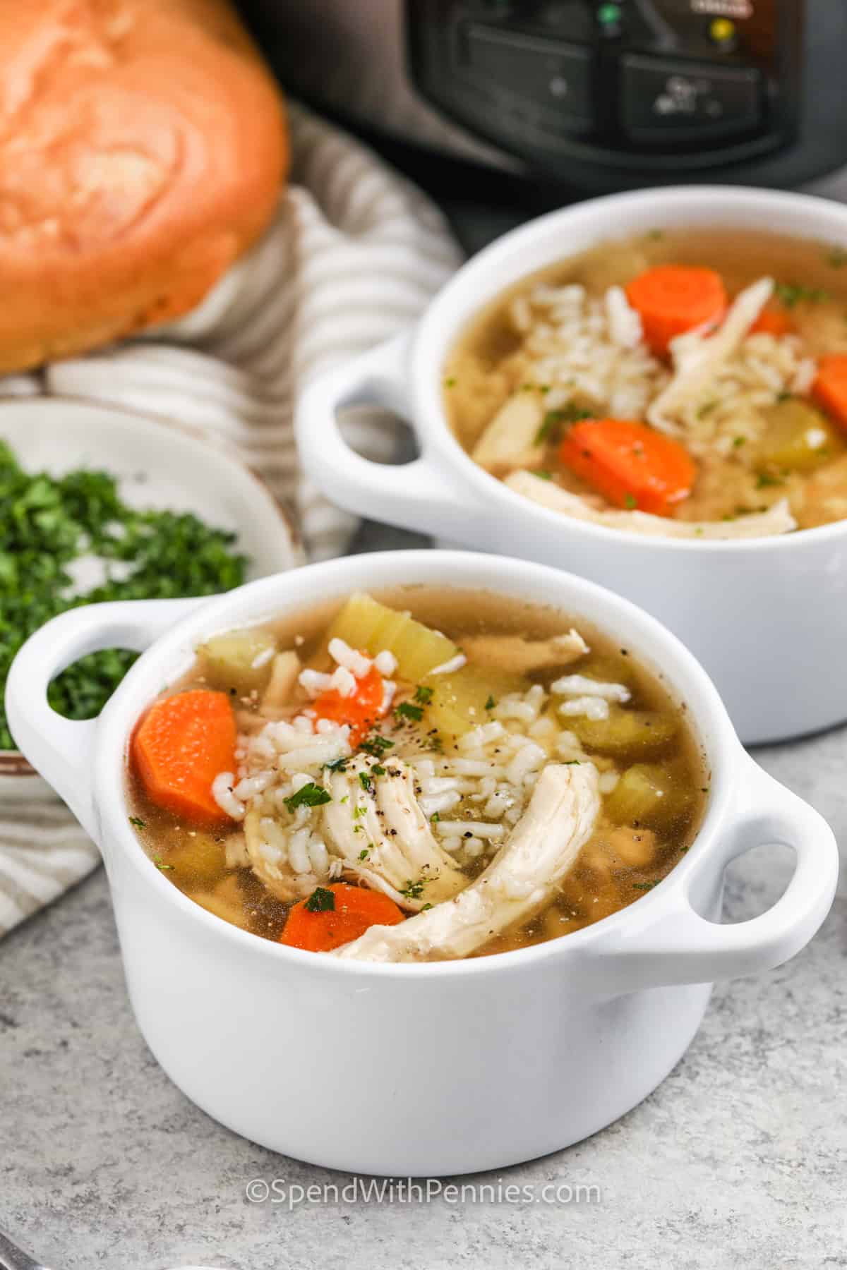bowls of Crockpot Chicken and Rice Soup