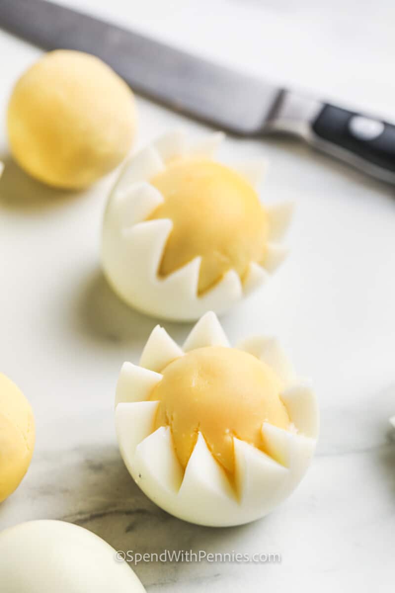 slicing eggs in zig zags to make Deviled Egg Chicks