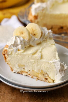 a slice of banana cream pie on a plate