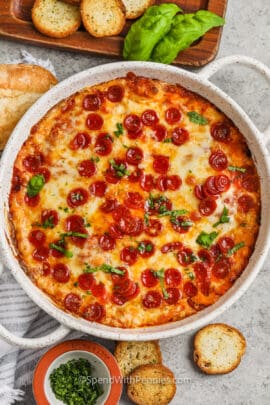 top view of cooked Easy Cheesy Pizza Dip