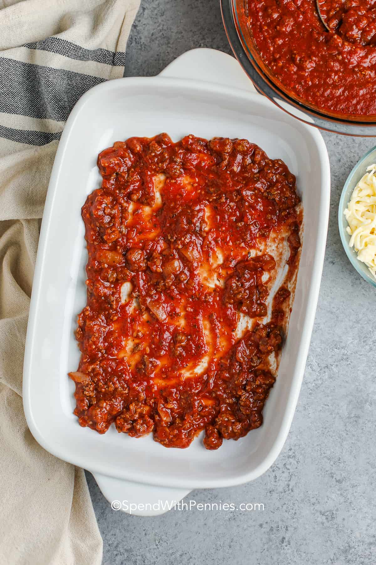 meat sauce in a baking dish