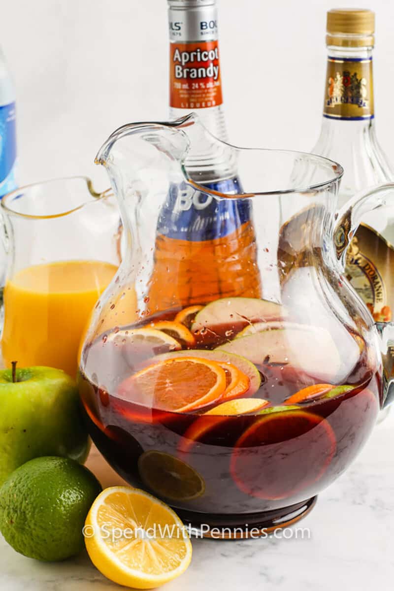 pitcher of Easy Red Sangria ingredients