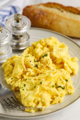 plated Fluffy Scrambled Eggs with salt and pepper