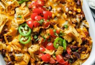 baked frito pie in a casserole dish