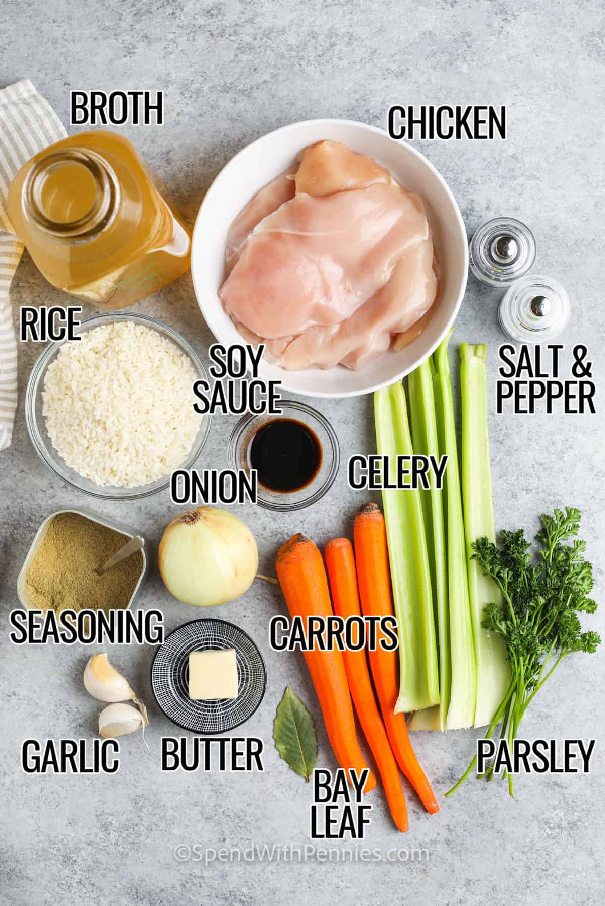 broth , chicken , rice , soy sauce , onion , seasoning , garlic , butter , bay leaf , carrots , celery and parsley to make Crockpot Chicken and Rice Soup with labels