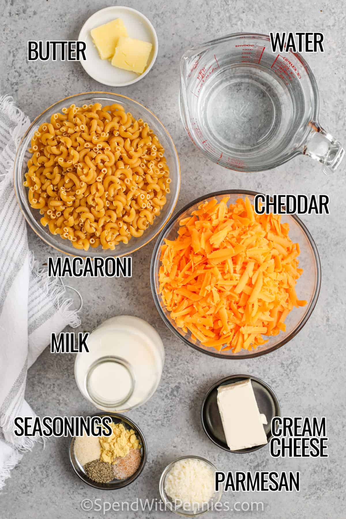 ingredients to make Instant Pot Mac and Cheese with labels