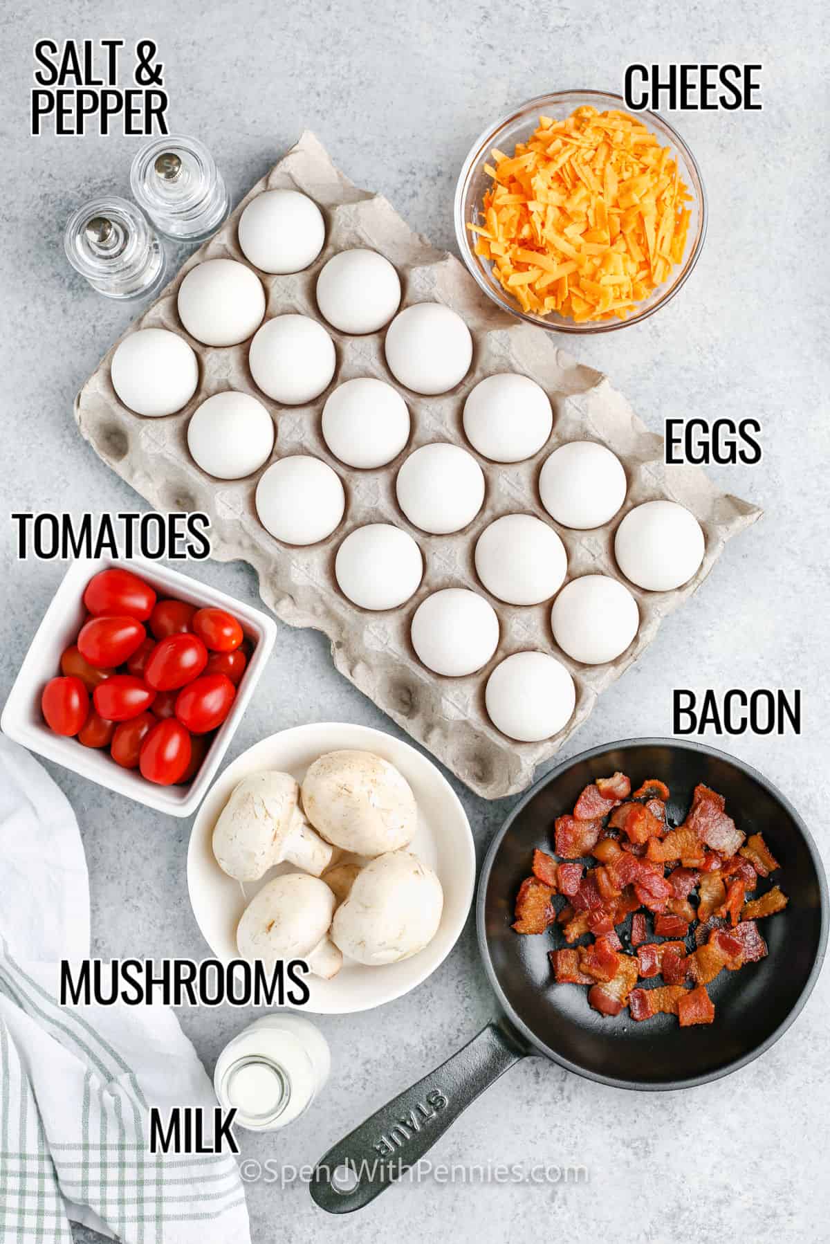 cheese , eggs , salt and pepper , tomatoes , bacon, mushrooms and milk with labels to make Sheet Pan Eggs