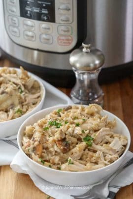 Instant Pot Chicken and Rice in a white bowl