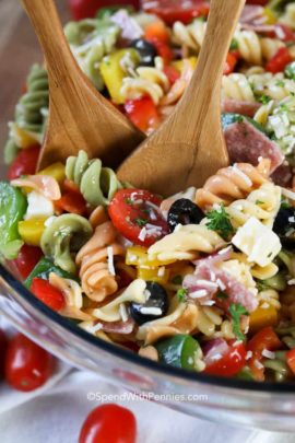 Italian Pasta Salad with spoons in a clear bowl