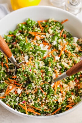 serving Kale Quinoa Salad in a bowl with spoons