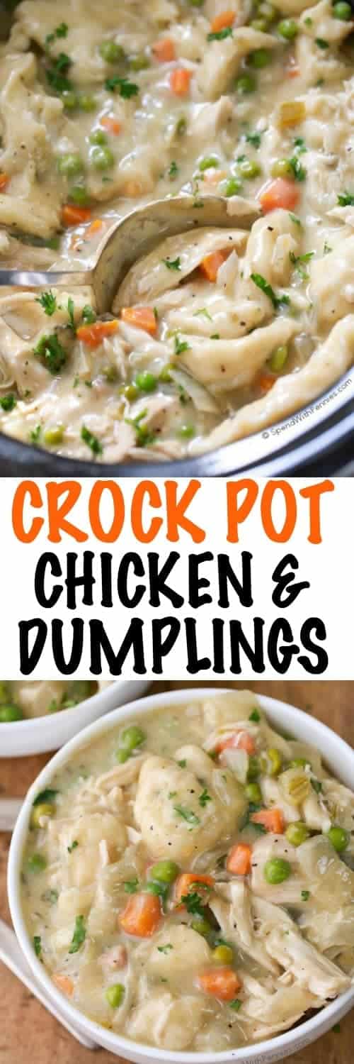 Crock Pot Chicken and Dumplings in a bowl and slow cooker with a title