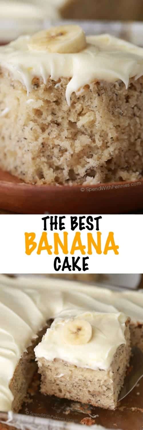 top image - a slice of banana cake. Bottom image - banana cake sliced.