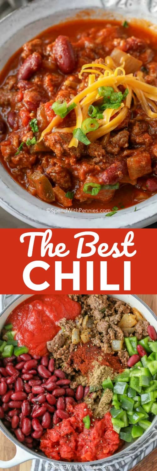 Top image - a serving of chili. Bottom image - chili ingredients in a pot with writing