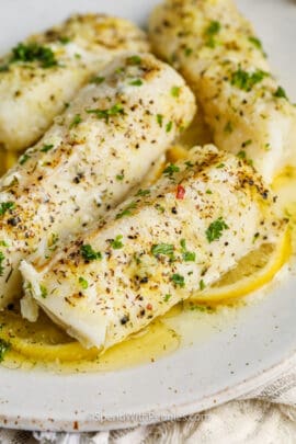 plated Lemon Garlic Butter Baked Cod