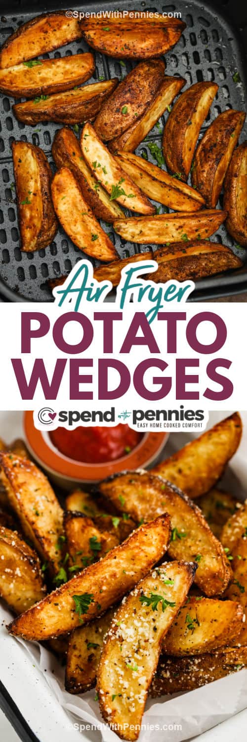 Air Fryer Potato Wedges in the fryer and plated with writing