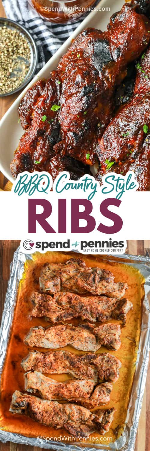 cooked ribs and plated BBQ Country Style Ribs with a title