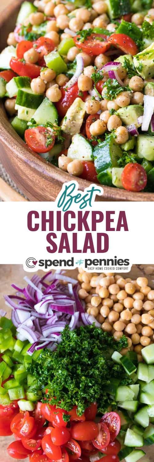 ingredients to make Chickpea Salad with plated dish with writing