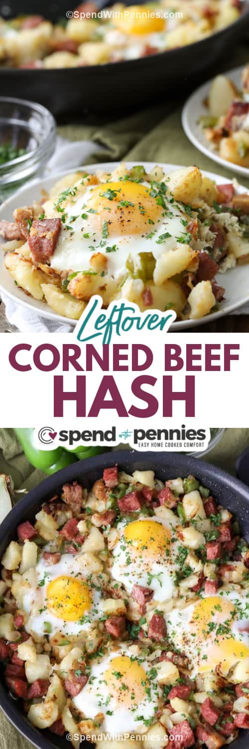 Corned Beef Hash in the pan and plated with a title