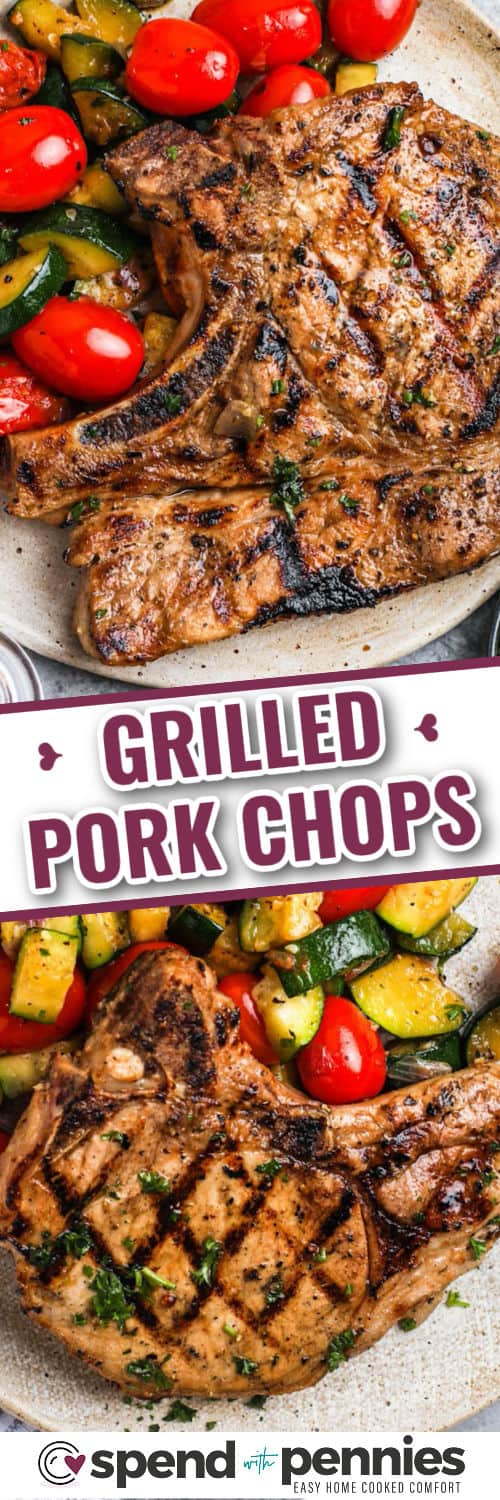 Grilled Pork Chops on plated with a title