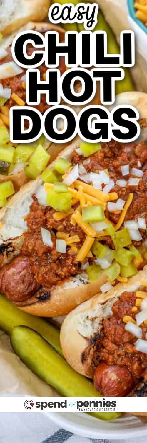 Quick Hot Dog Chili with pickles and writing