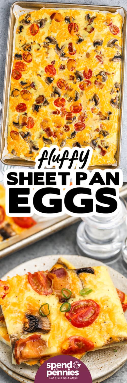 cooked Sheet Pan Eggs and slices on a plate with a title