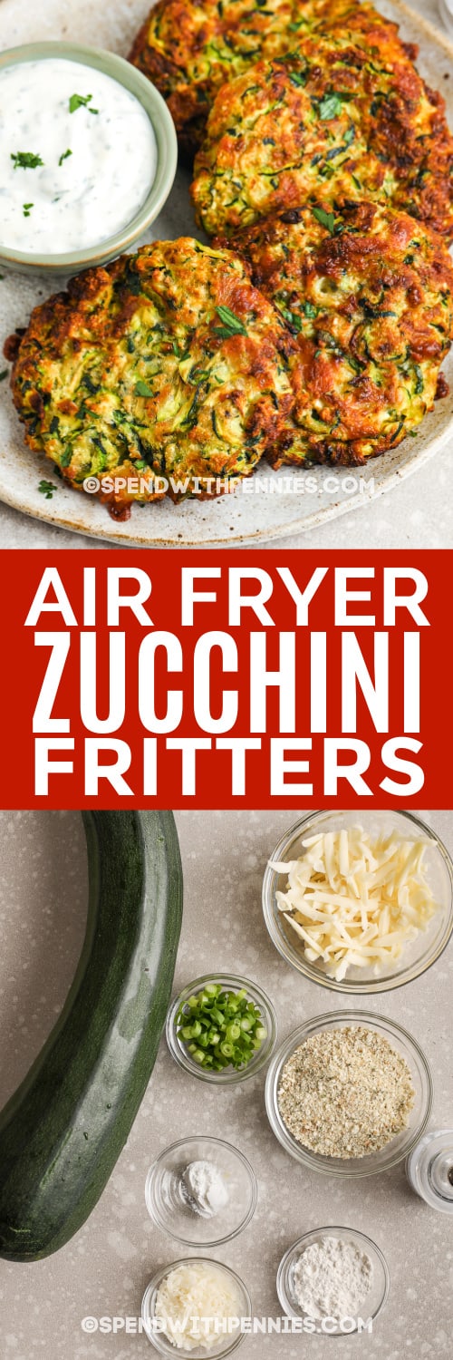 air fryer zucchini fritters and ingredients with text