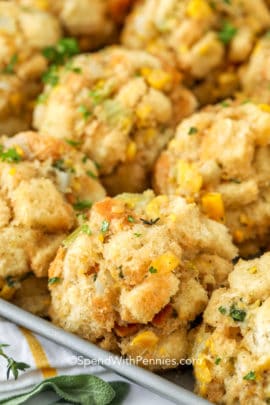 close up of Make Ahead Corn Stuffing on a baking tray