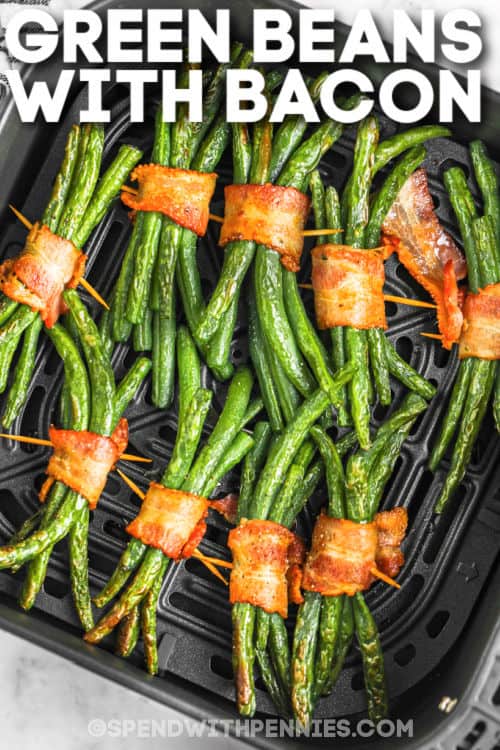 cooked Bacon Wrapped Green Bean Bundles with a title
